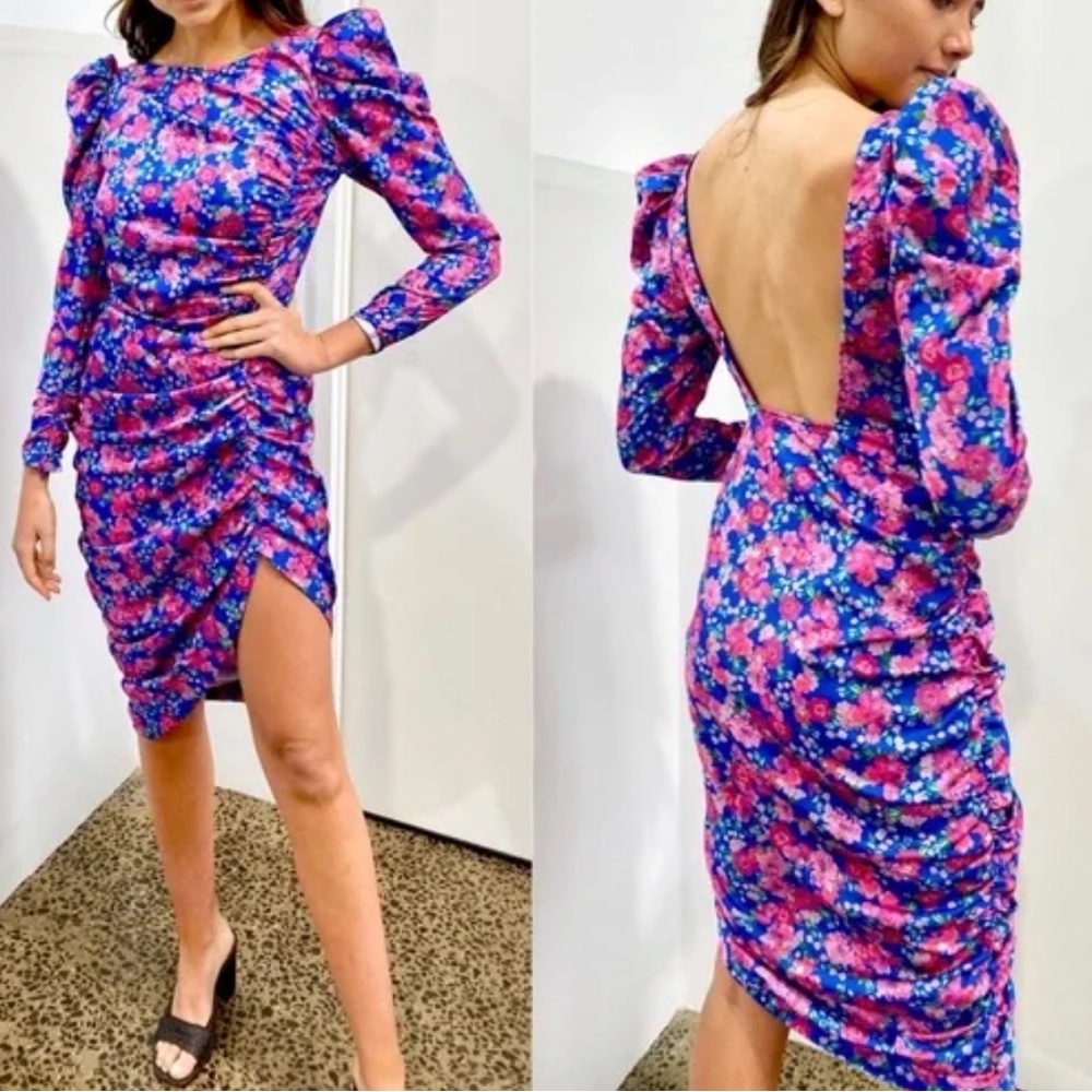 NWT For Love And Lemons Annie midid Floral Long Sleeve Dress in cobalt Blue XS/S - Picture 6 of 15